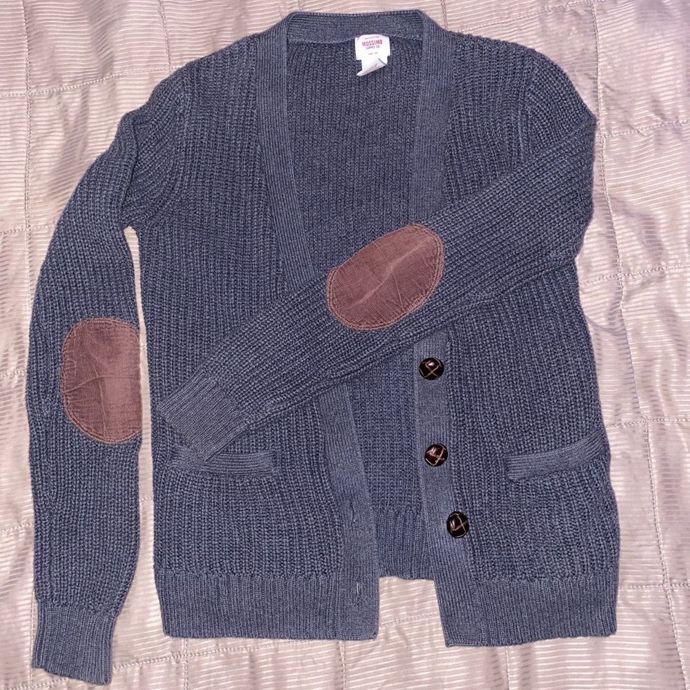 Grey sweater with brown elbow pad prints